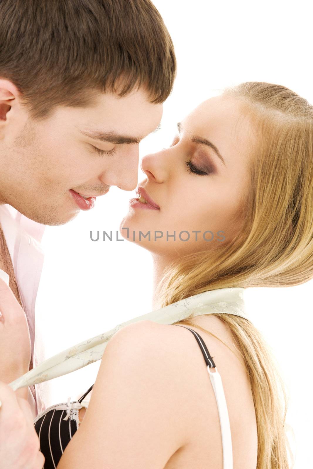 picture of couple in love over white (focus on woman)