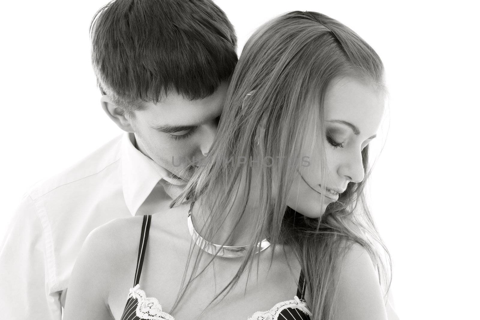 monochrome picture of couple in love over white