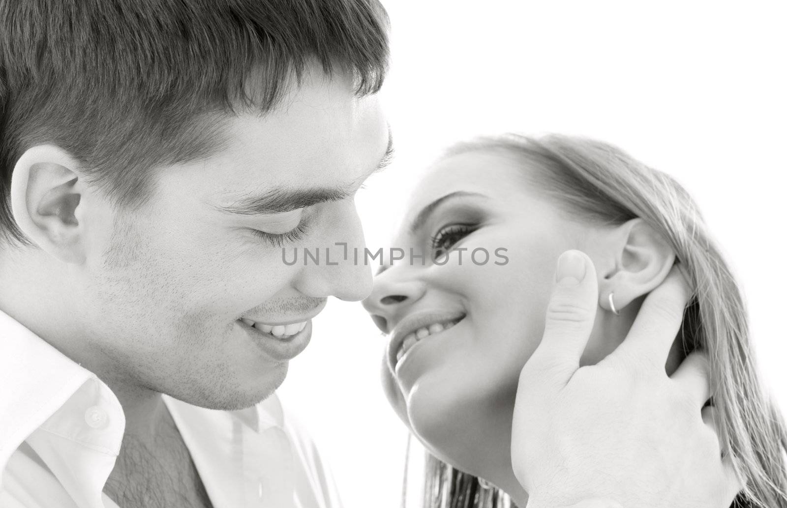 monochrome picture of couple in love over white