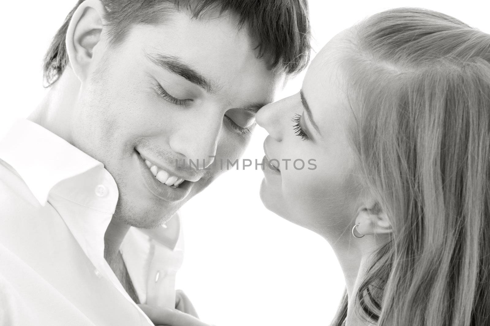 monochrome picture of couple in love over white