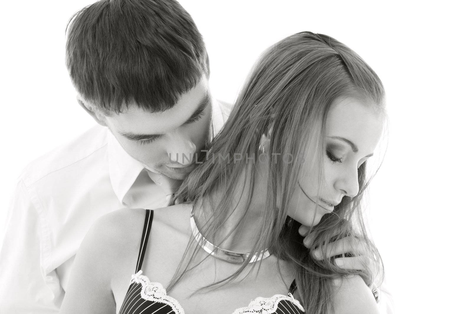 monochrome picture of couple in love over white