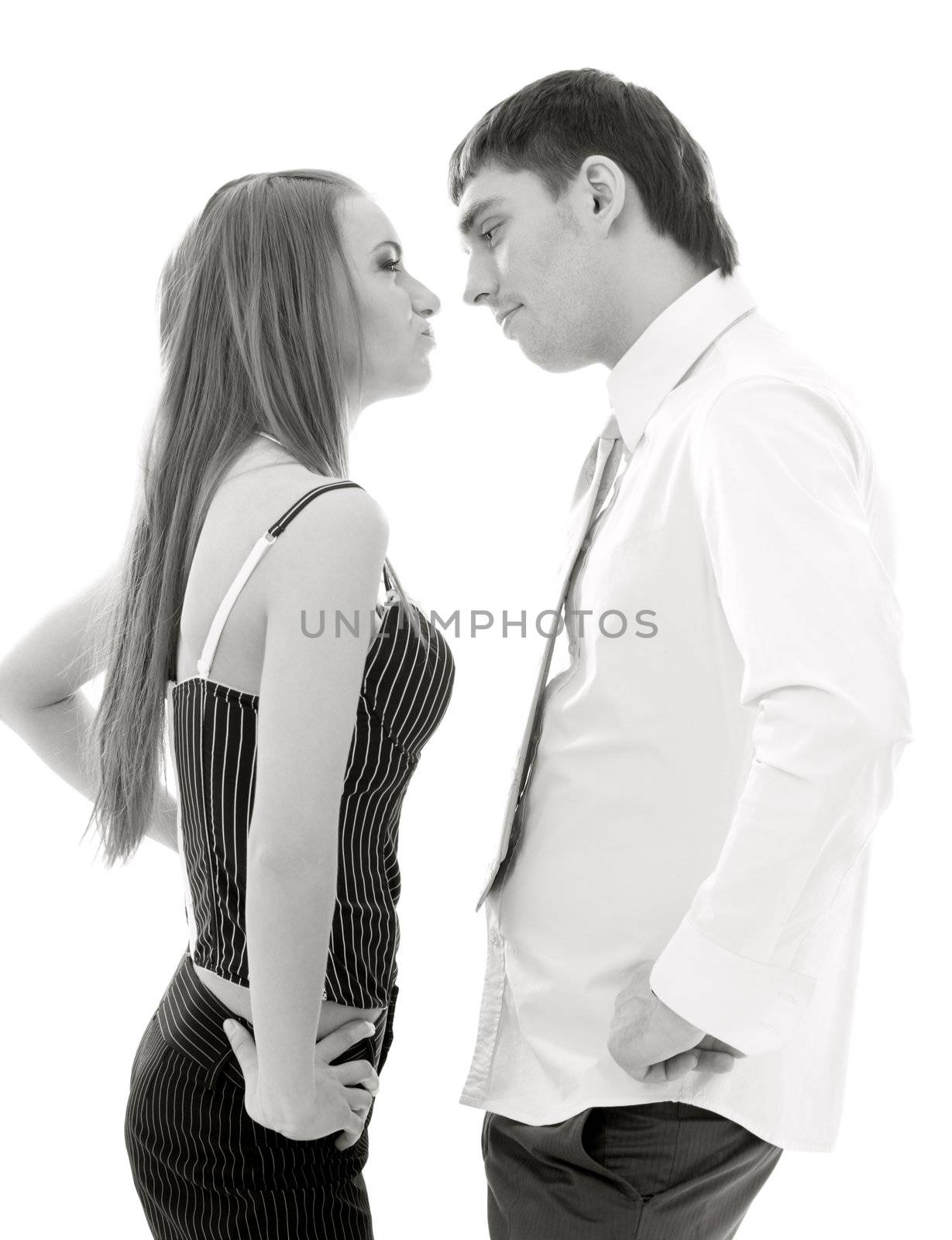 monochrome picture of conflicting couple over white