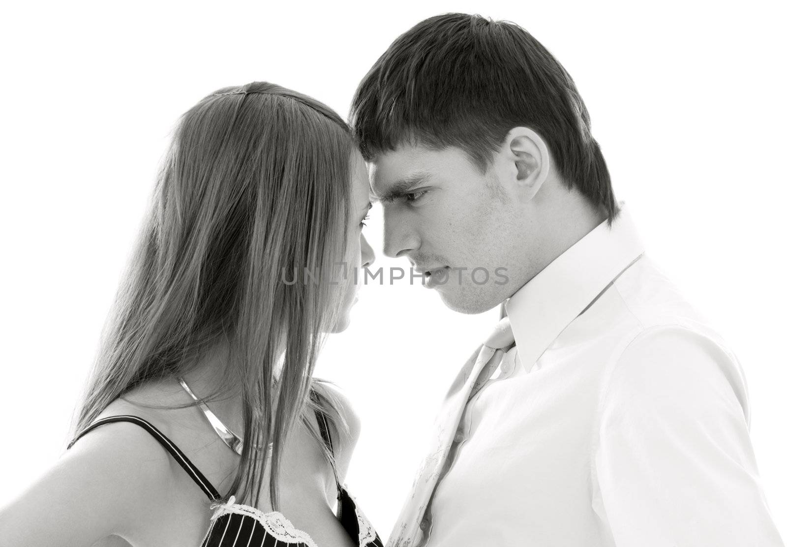 monochrome picture of conflicting couple over white