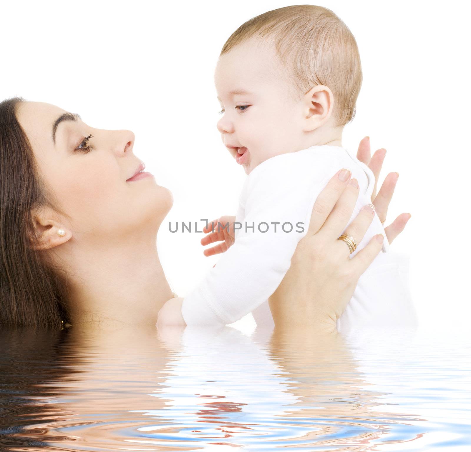 picture of happy mother with baby in water