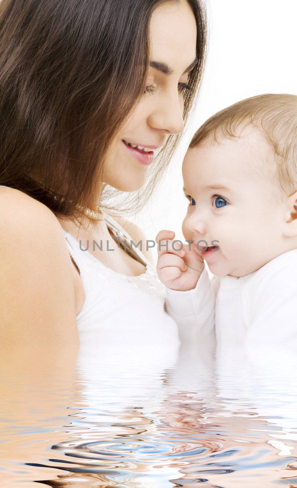 picture of happy mother with baby in water