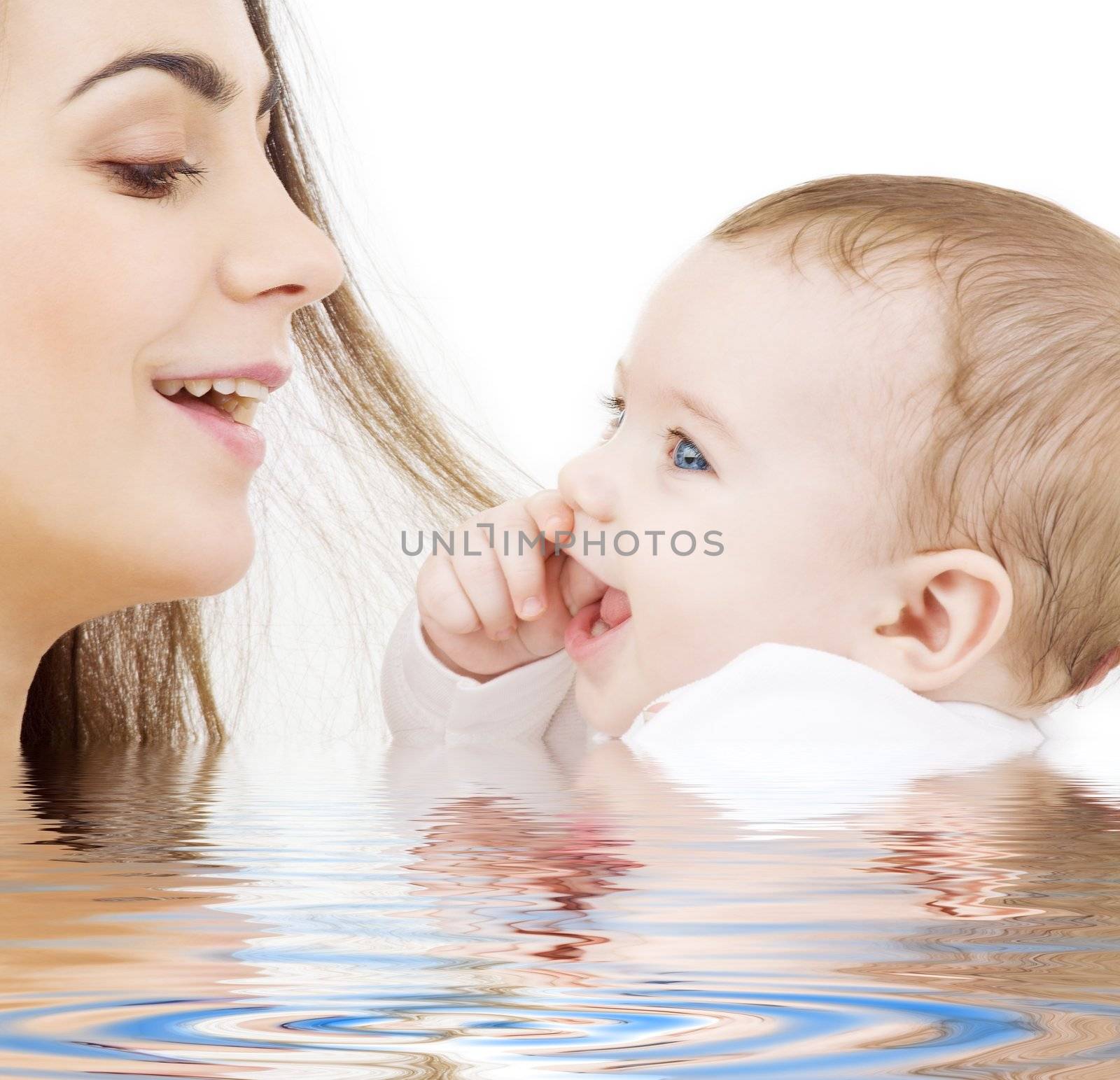 picture of happy mother with baby in water