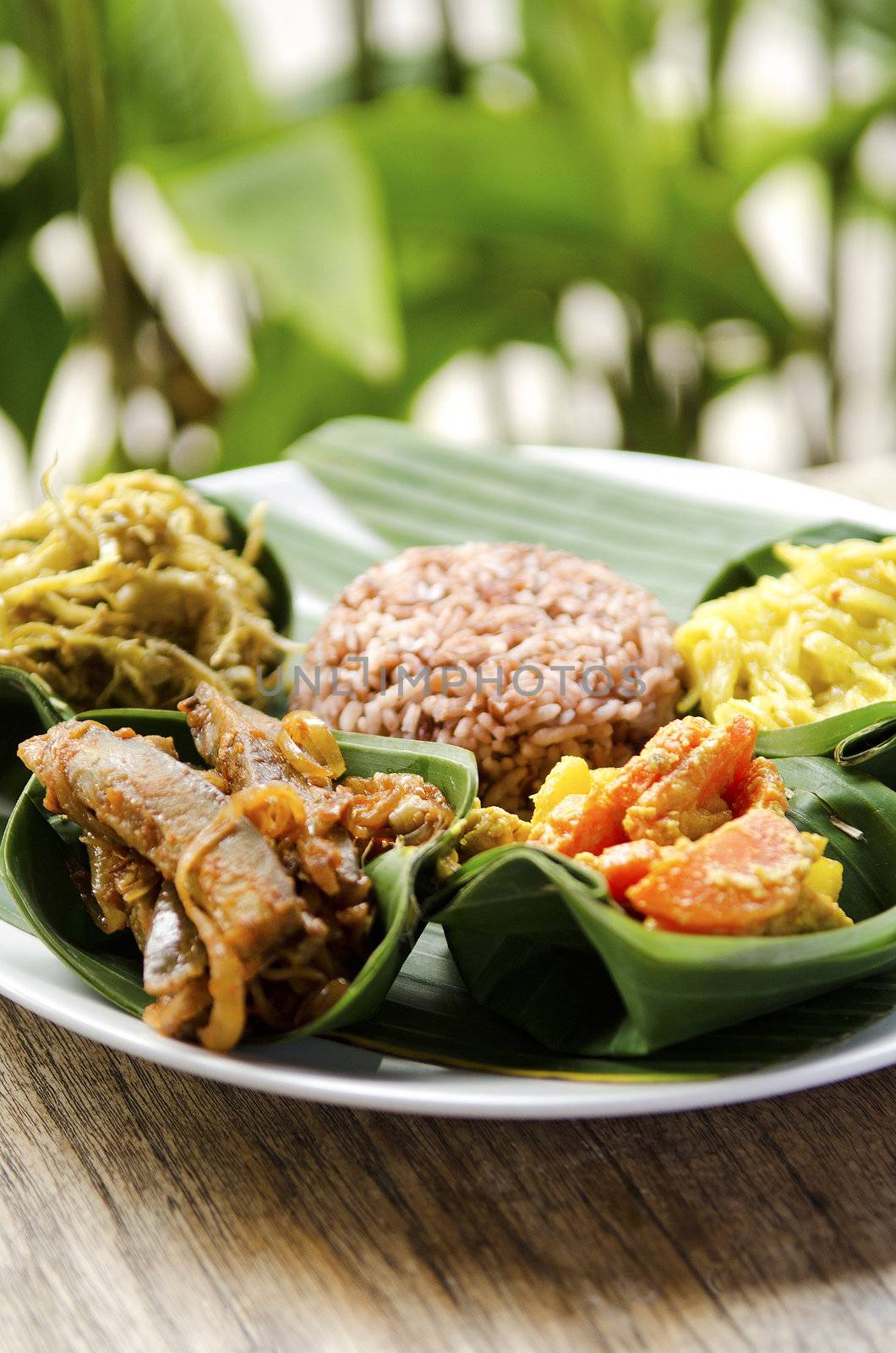 indonesian food in bali, several curries and rice