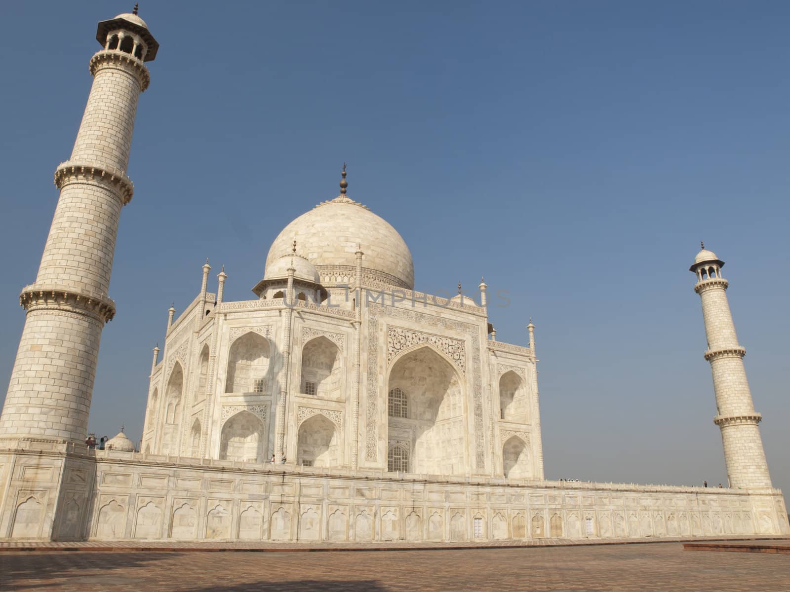 Beautiful white marble of the Taj Mahal seen from east side