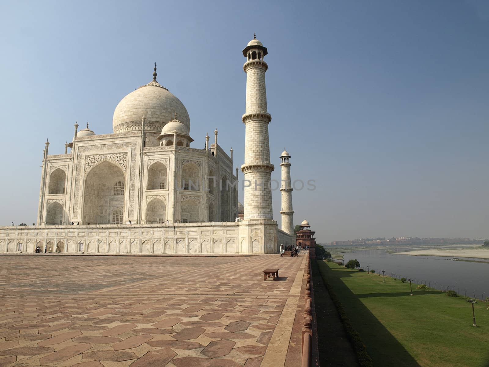 View of the Taj Mahal and the backyards on the banks of Yamuna river