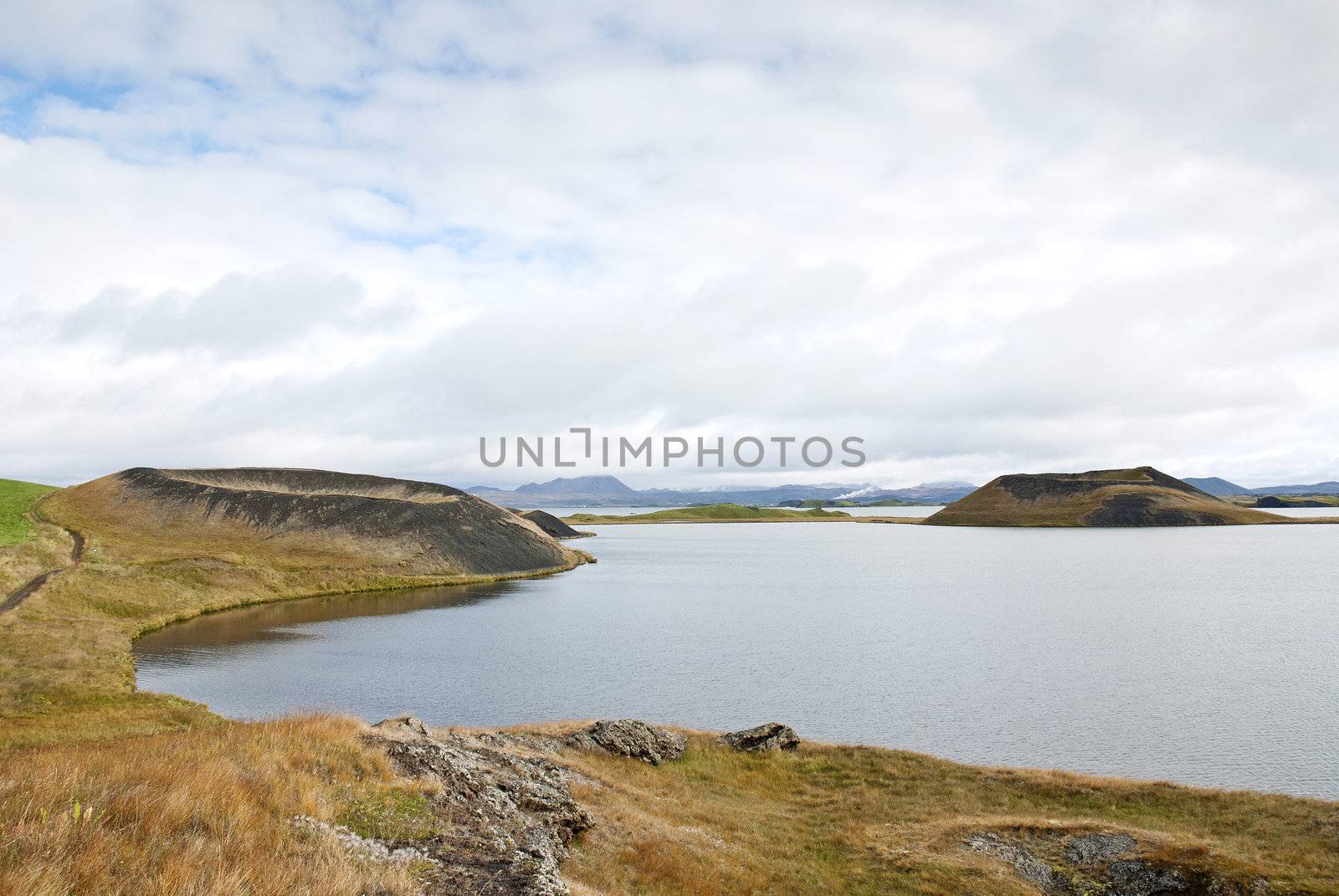 volcanic landscape in iceland interior with volcanos and lake