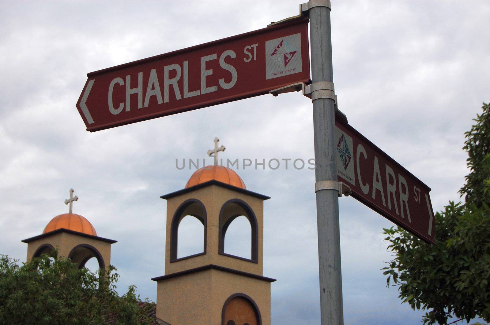 Road sign and church by danemo