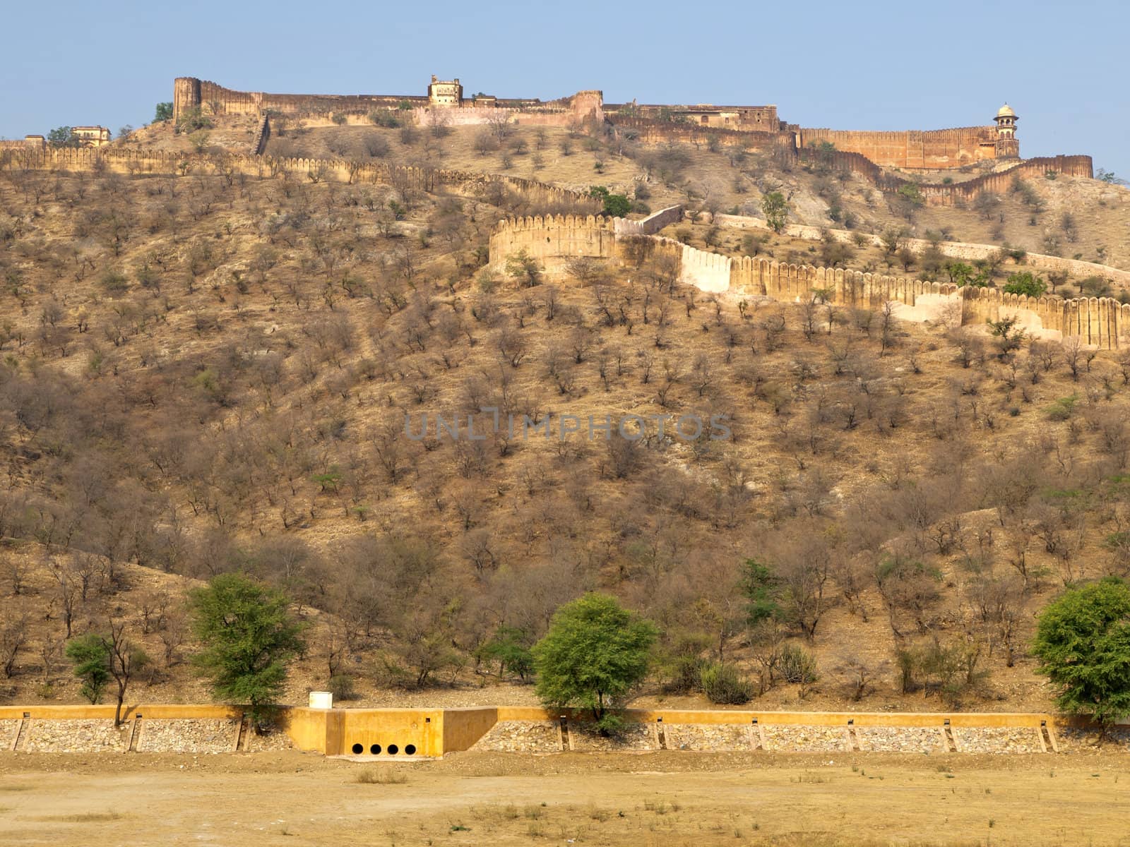 Jaigarh Fort in Jaipur and the dried up of Maota Lake in winter, Rajasthan, India