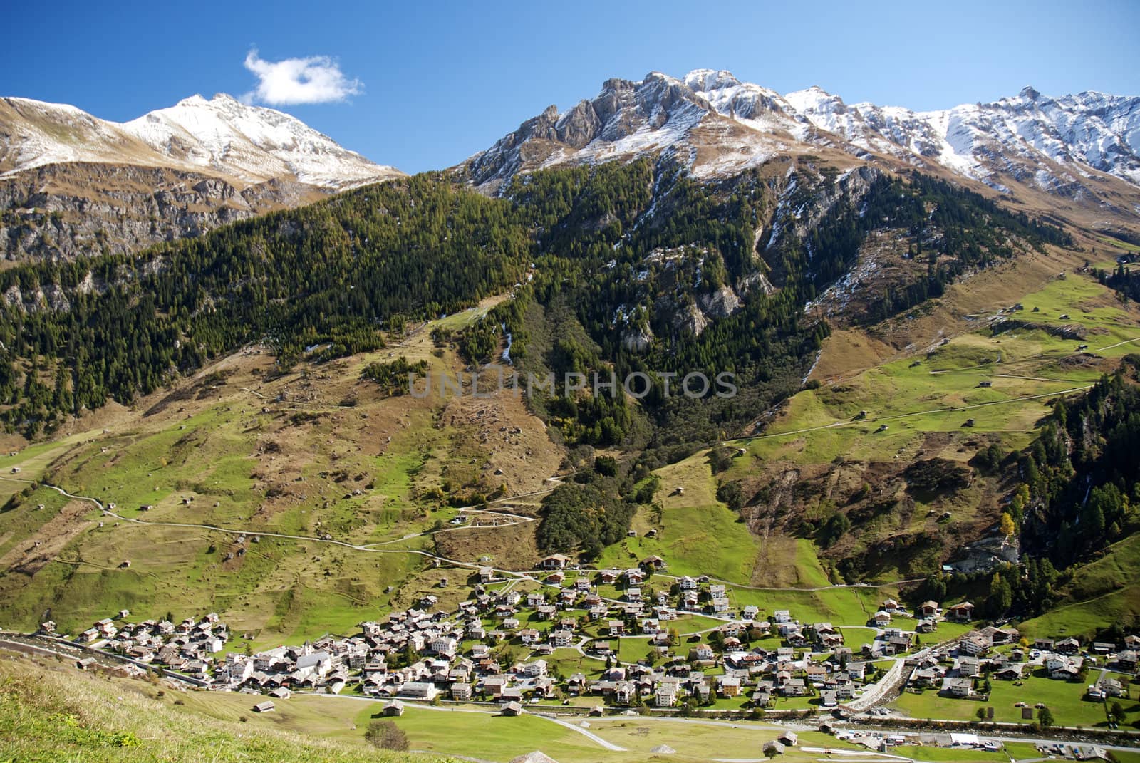 vals village in switzerland alps with alpine mountain landscape