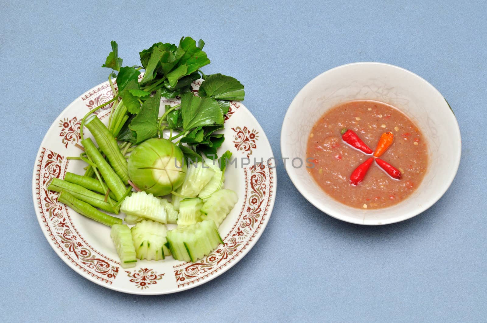 Thai chili sauce and mixed vegetables, Thai food.