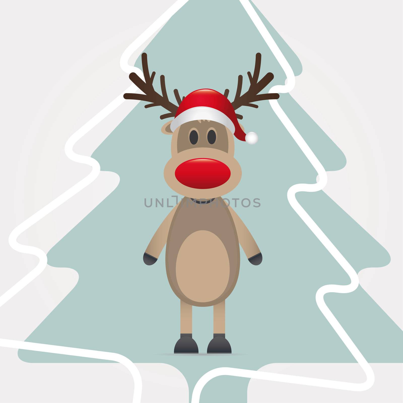 reindeer red nose santa claus hat pinetree
