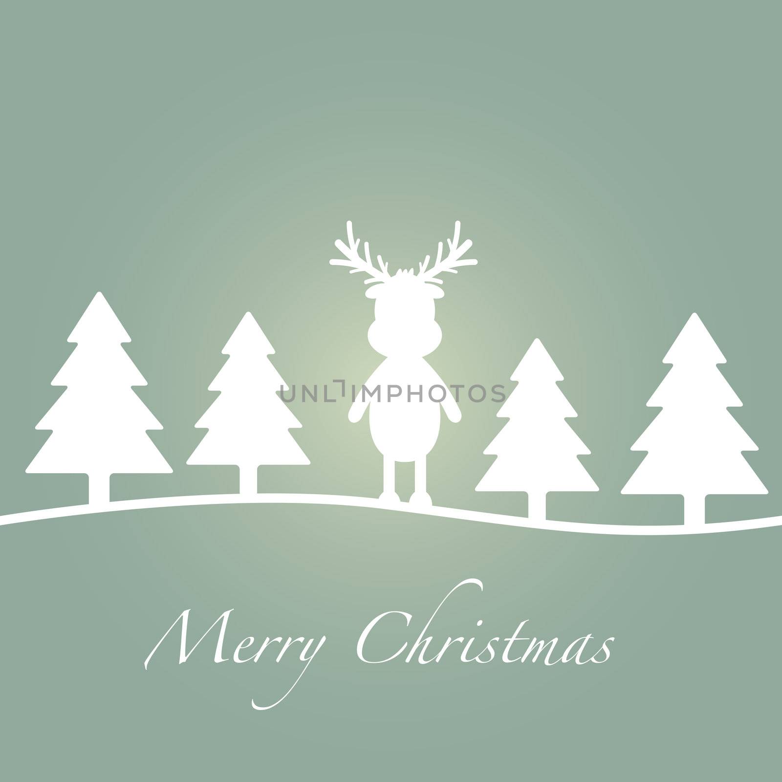 merry christmas green tree reindeer silhouette card