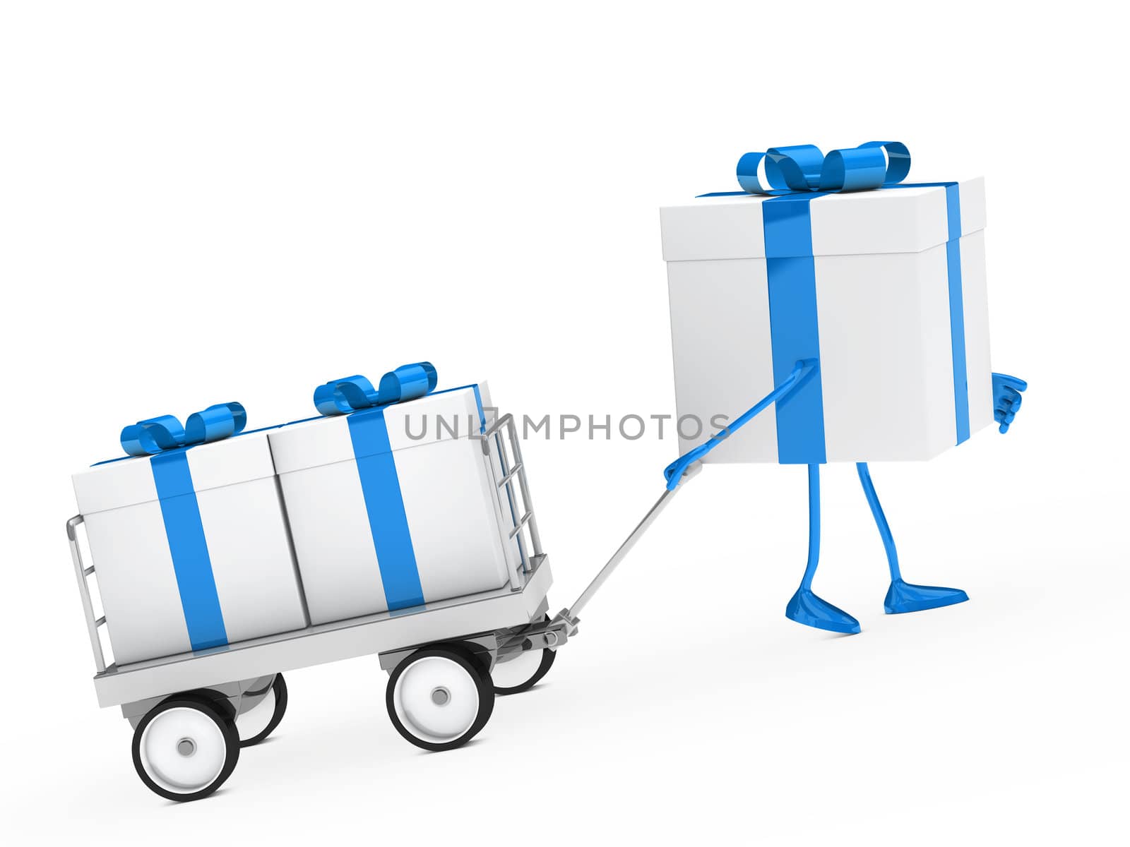 blue white gift box draws a trolley