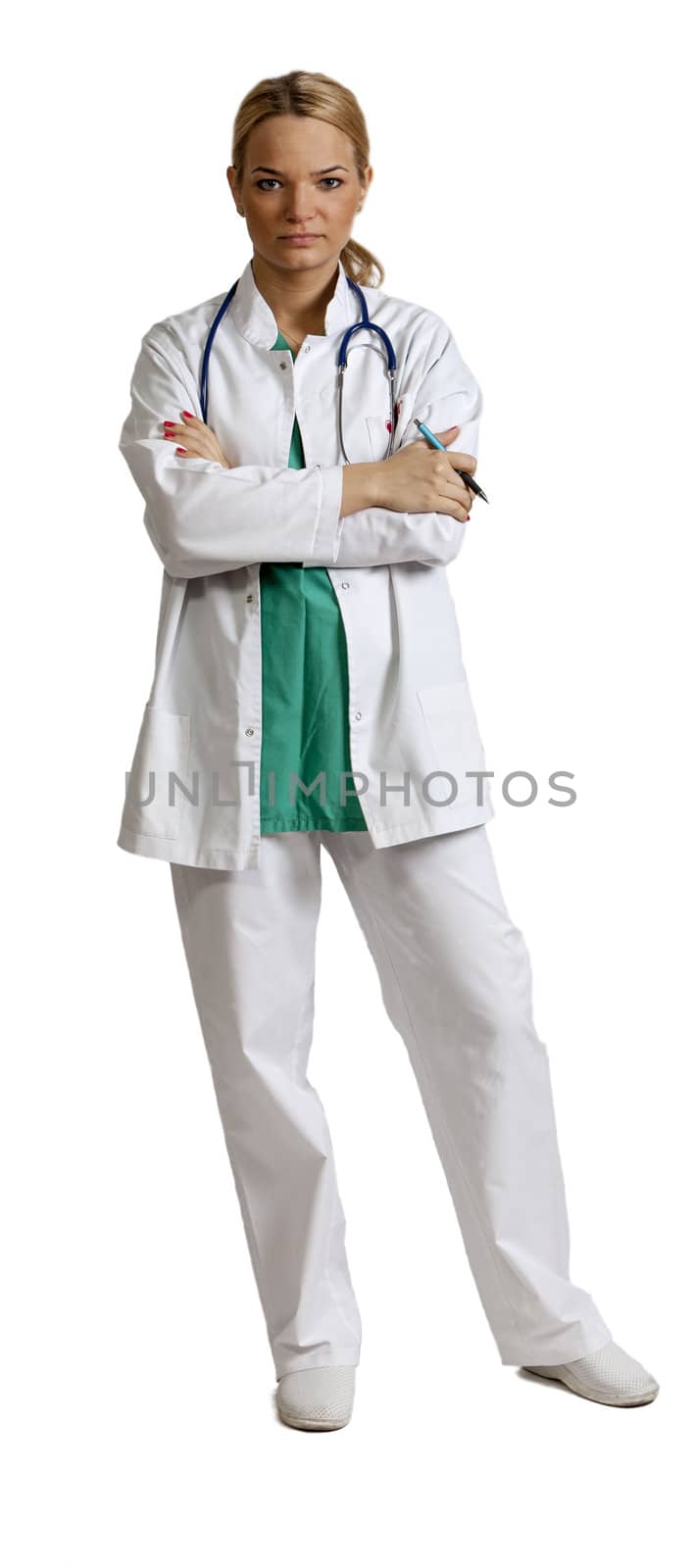 Image of a young blonde woman doctor isolated against a white background.