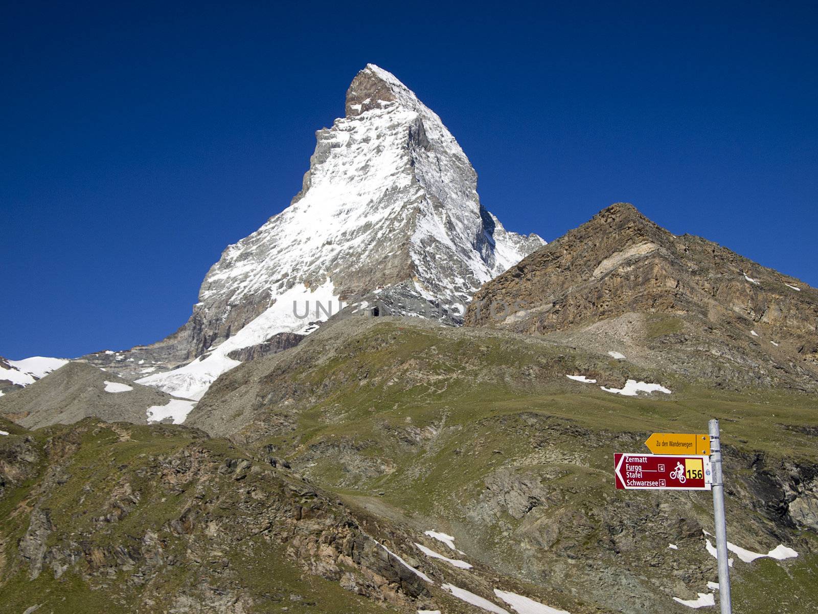 Matterhorn the Switzerland symbol with Swiss Mobility sign post