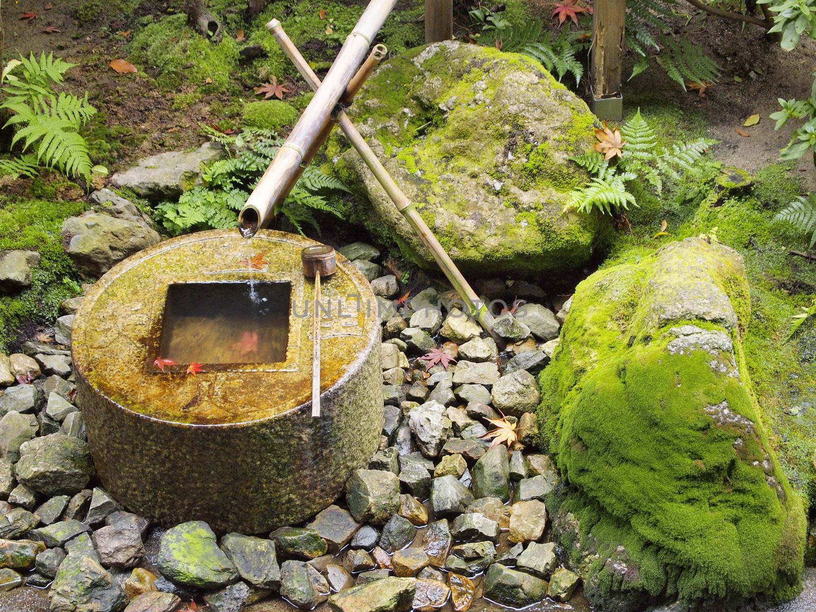Japanese style traditional bamboo fountain at Ryoan-ji temple, Kyoto, Japan