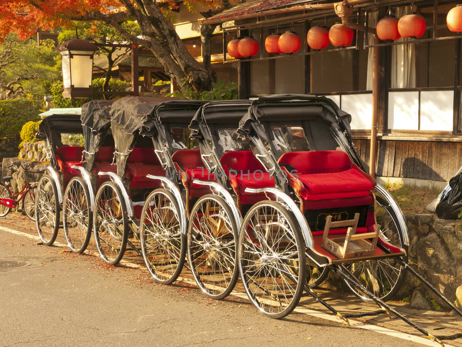 Group of rickshaws in Arashiyama area, Kyoto, Japan.