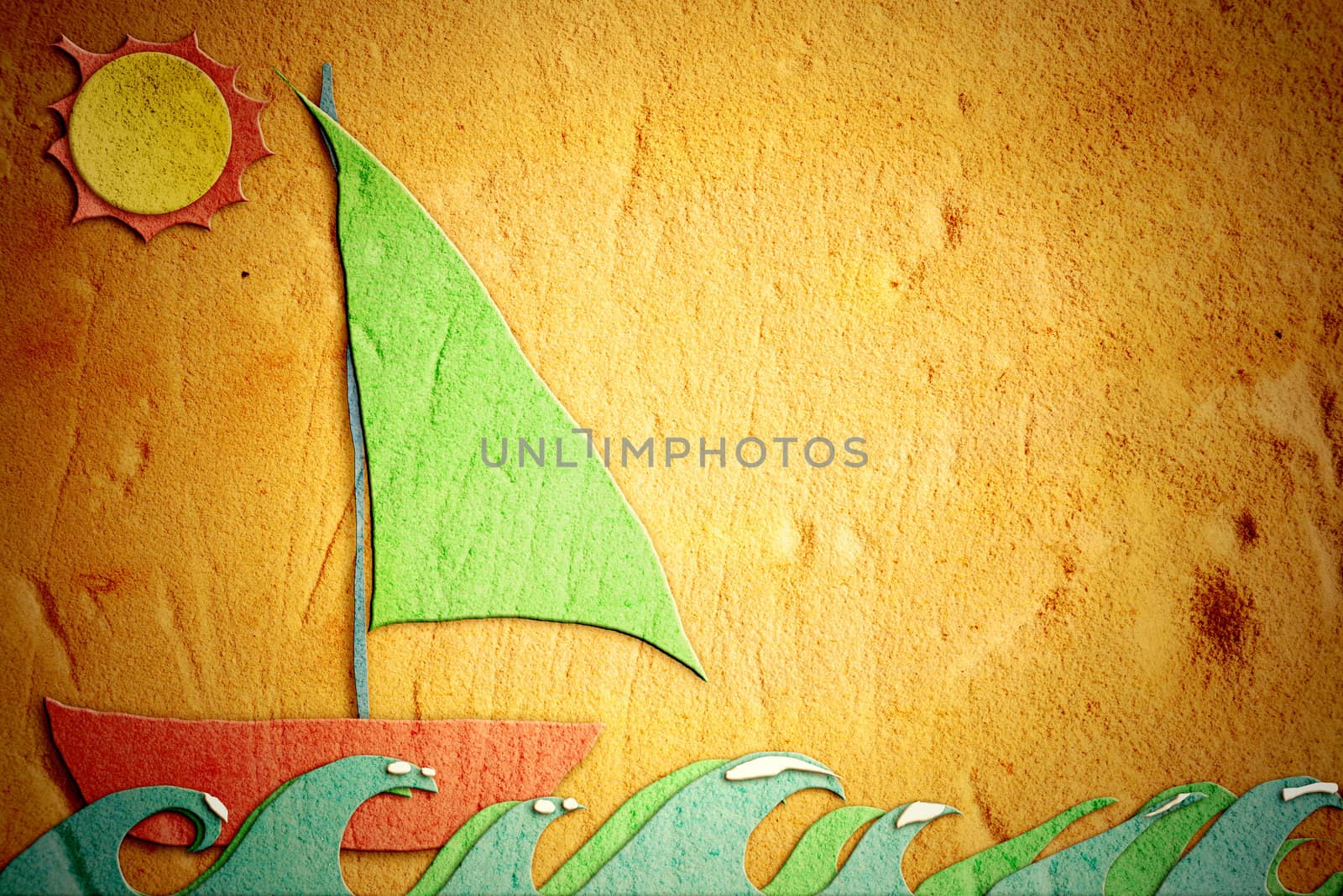 childlike drawing of sand, holiday sailing boat by Carche