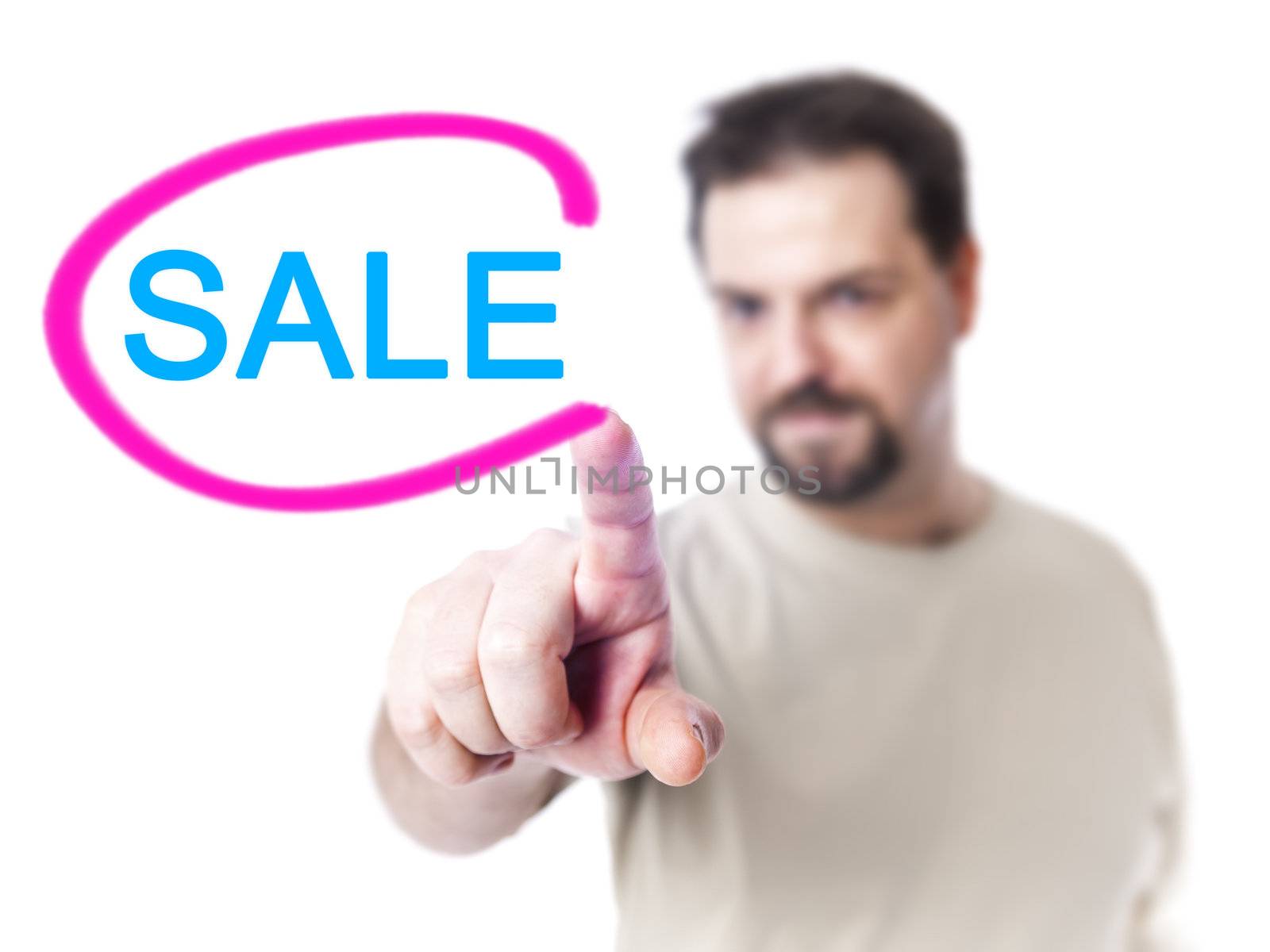 An image of a nice man pointing to a sale sign