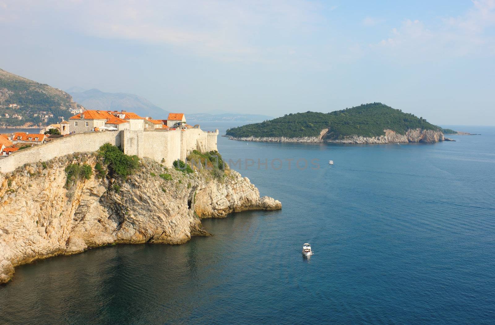 Panoramic View Toward old Town Dubrovnik and Island Lokrum by kirilart