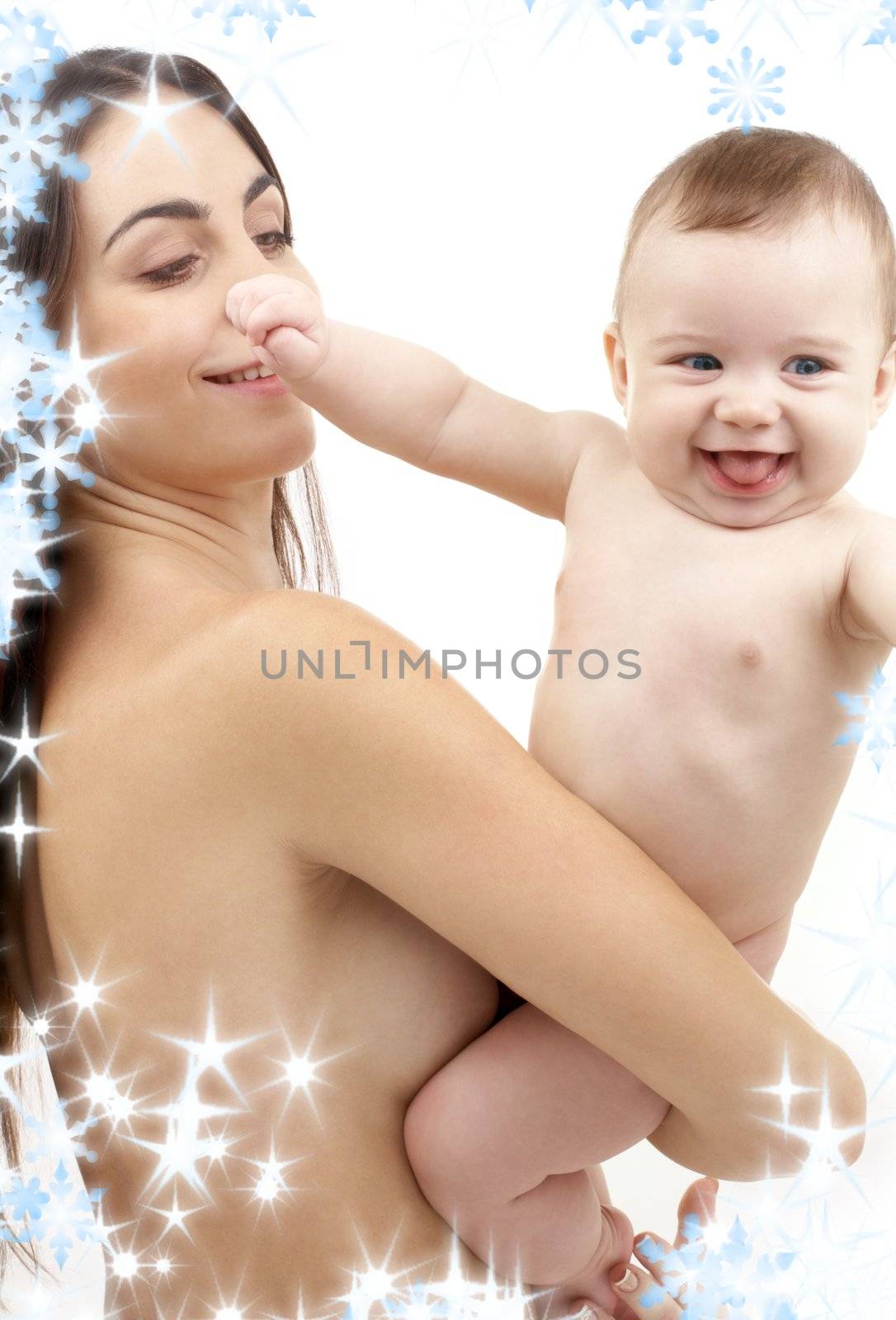 picture of happy mother with baby and snowflakes
