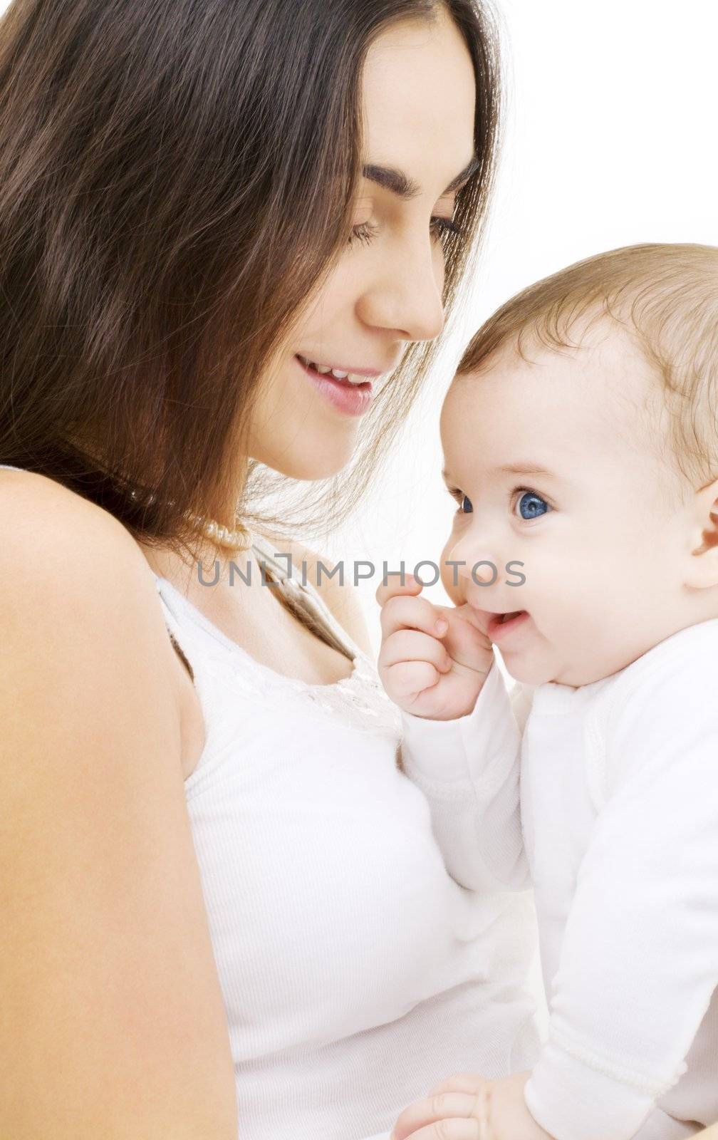 picture of happy mother with baby over white