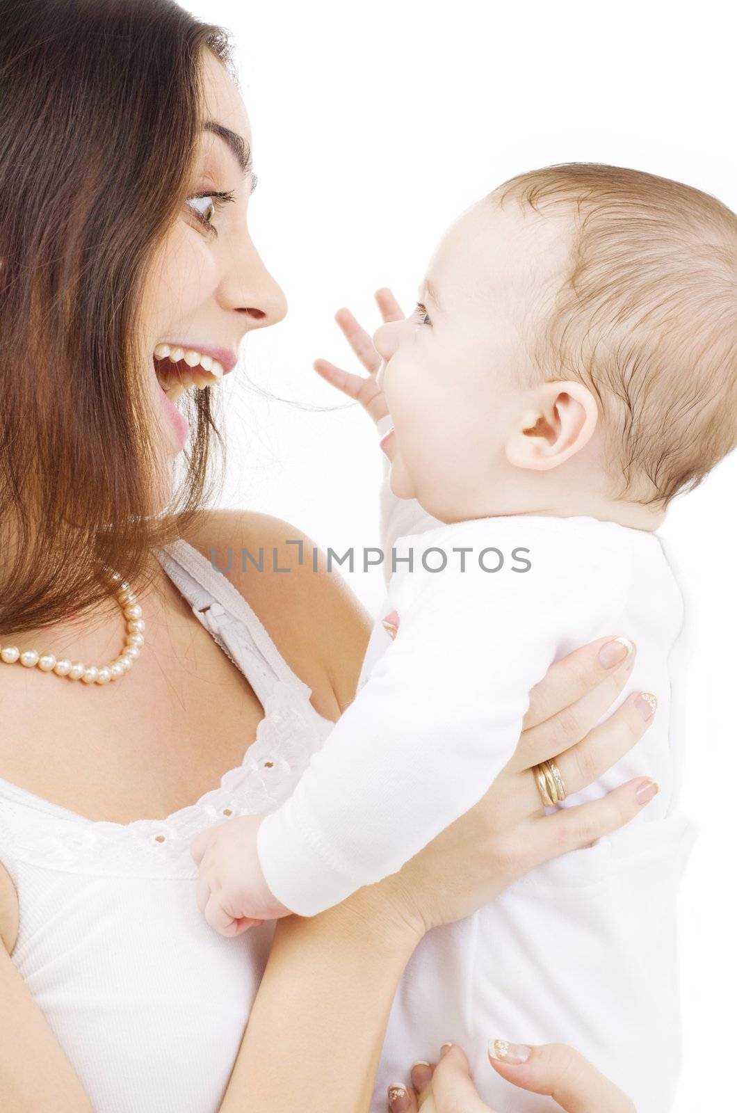 picture of happy mother with baby over white