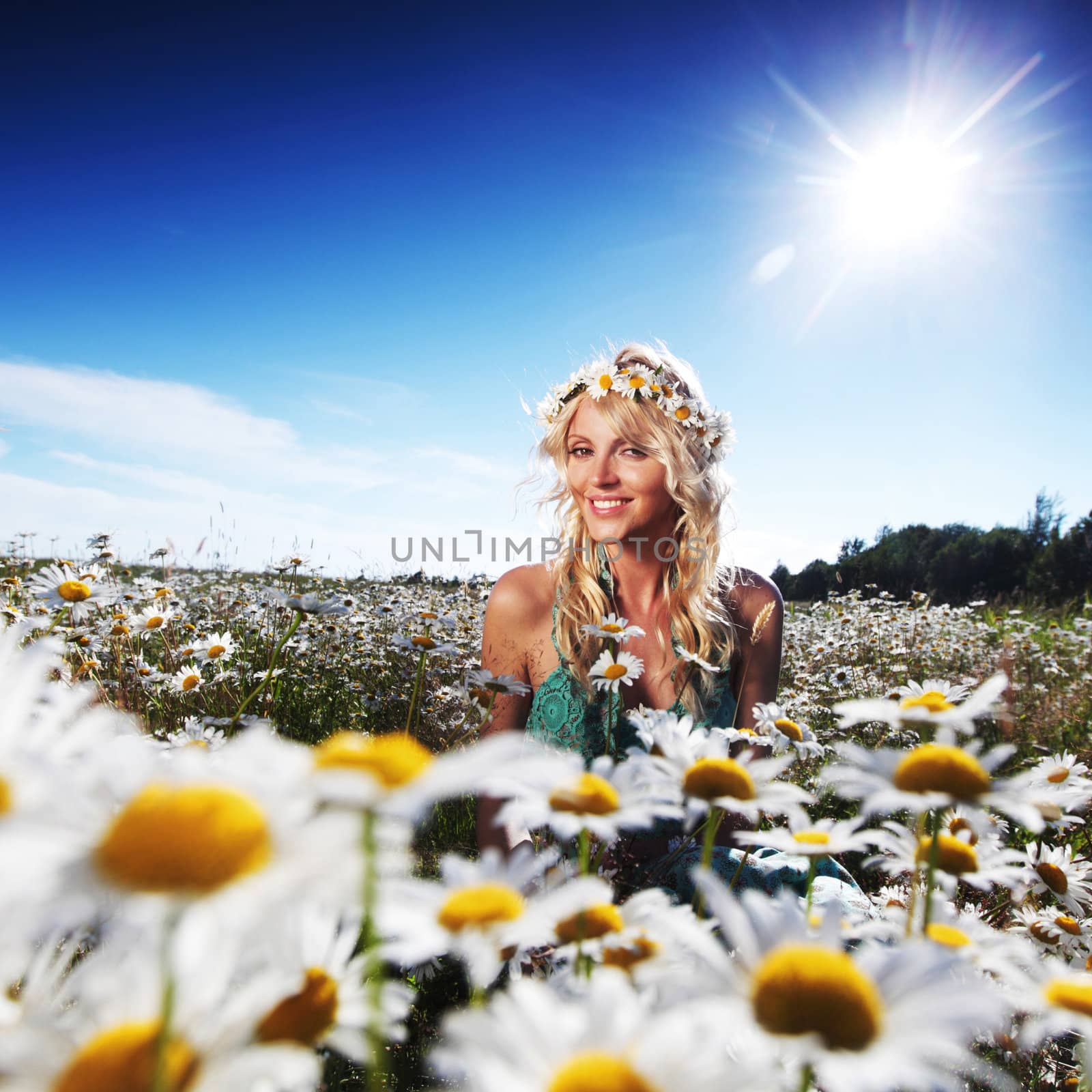  beautiful girl  in dress on the sunny daisy flowers field 