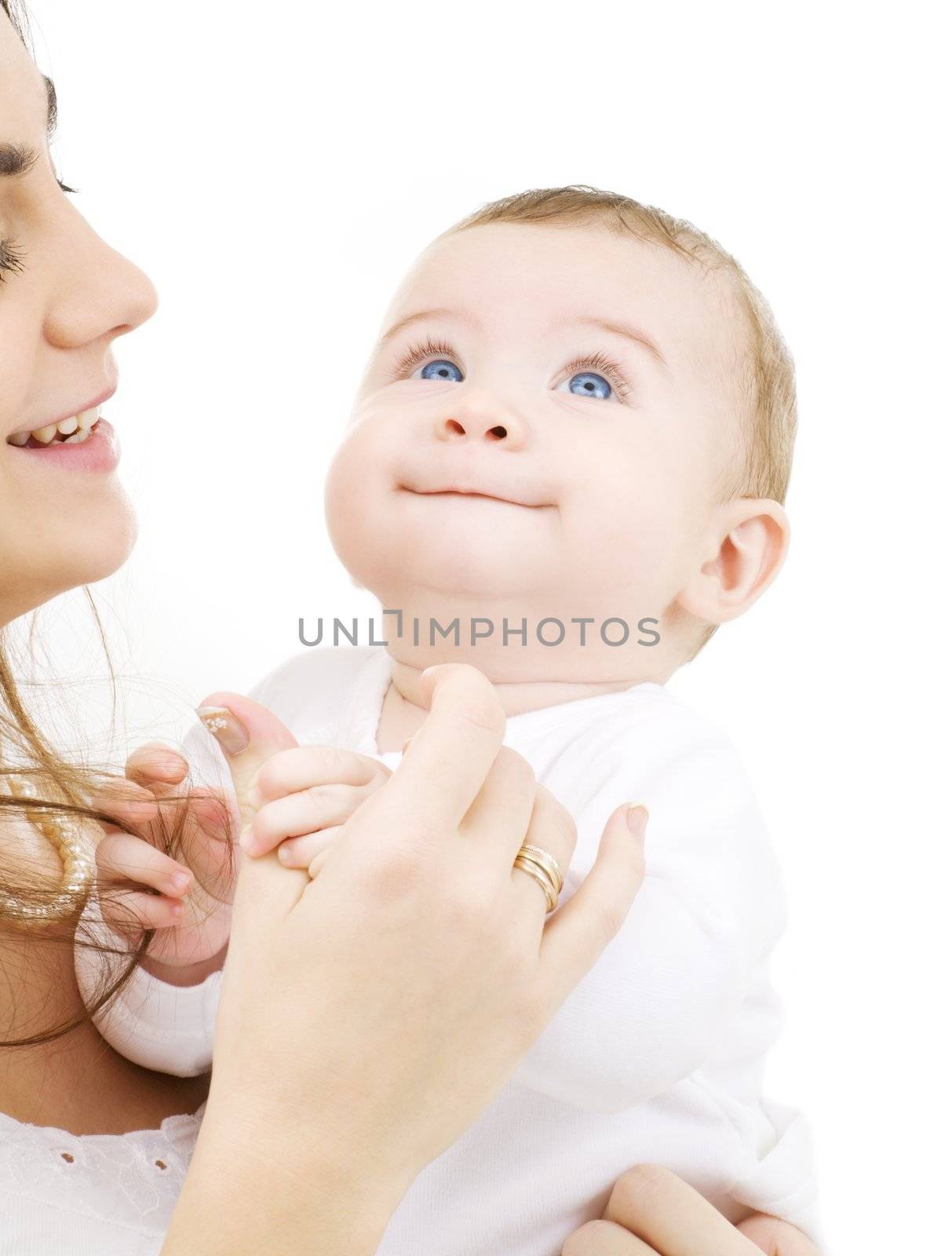 picture of happy mother with baby over white