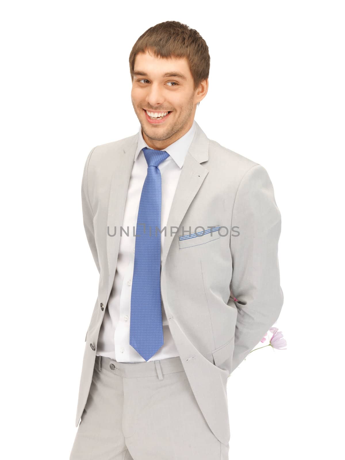 picture of handsome man with flowers in hand