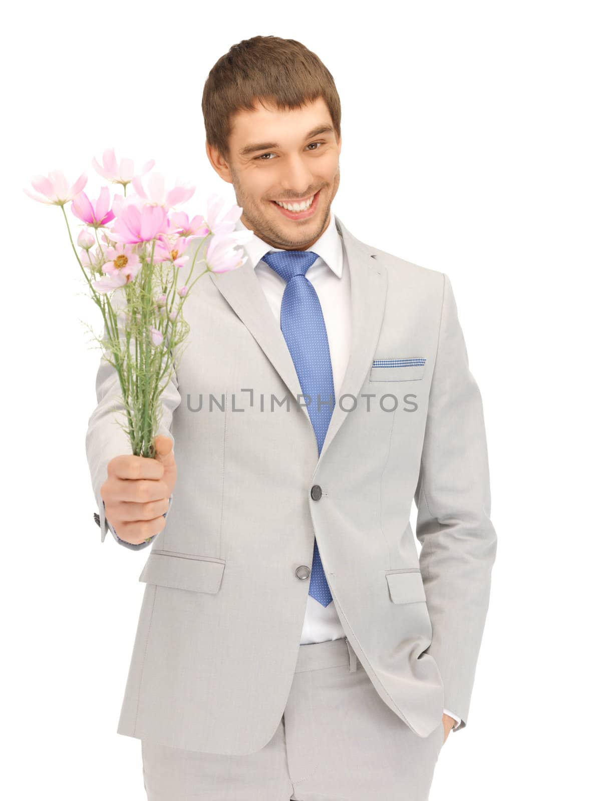 picture of handsome man with flowers in hand