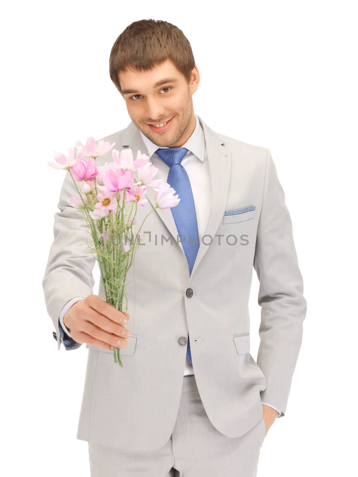 picture of handsome man with flowers in hand