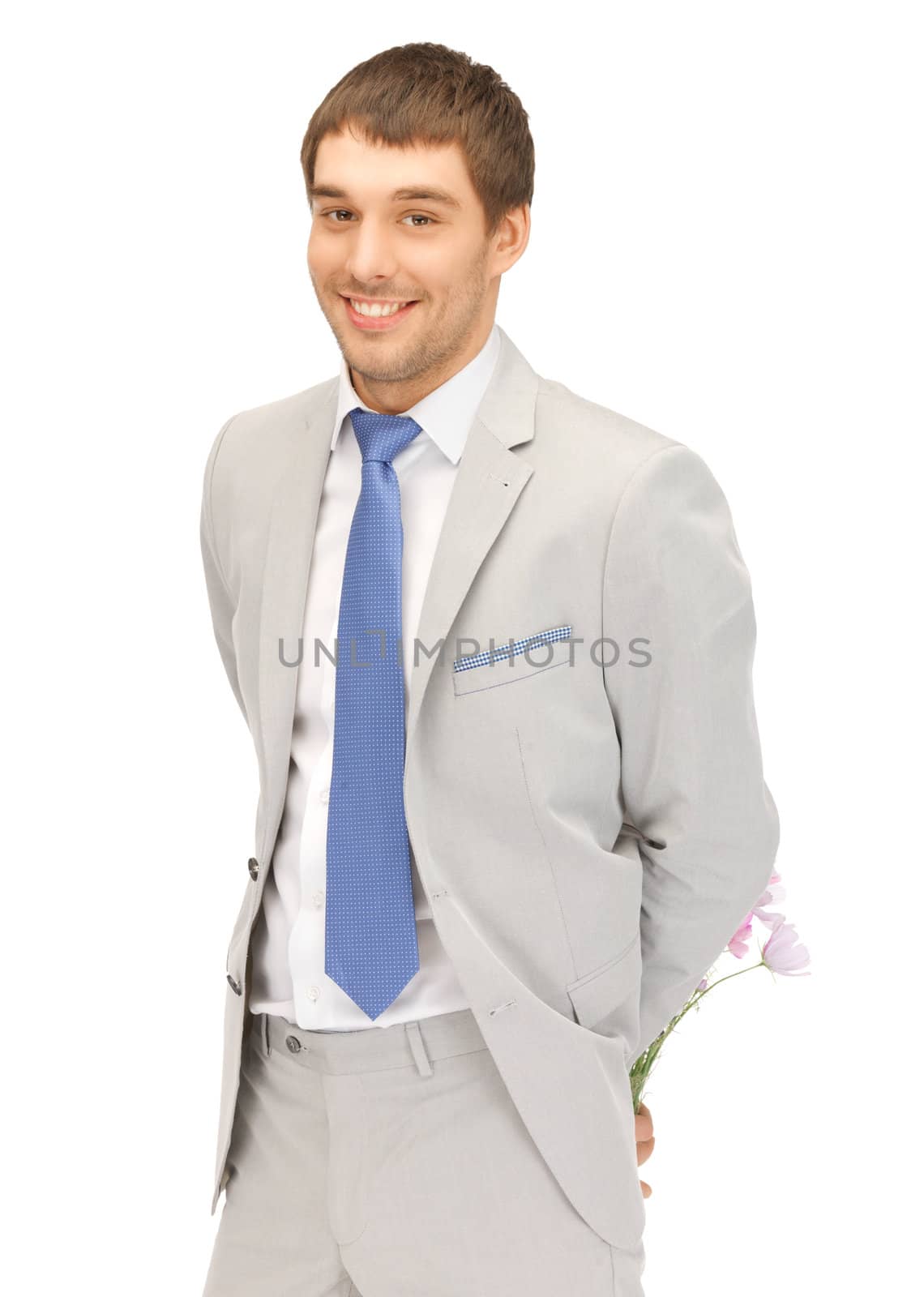 picture of handsome man with flowers in hand