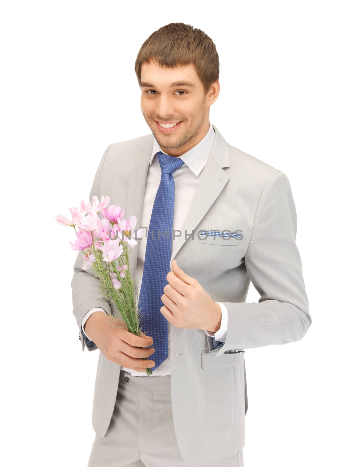 picture of handsome man with flowers in hand