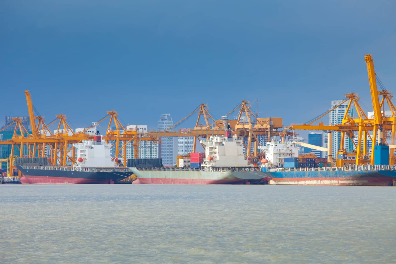 Industrial shipping port on sunset in Bangkok, Thailand