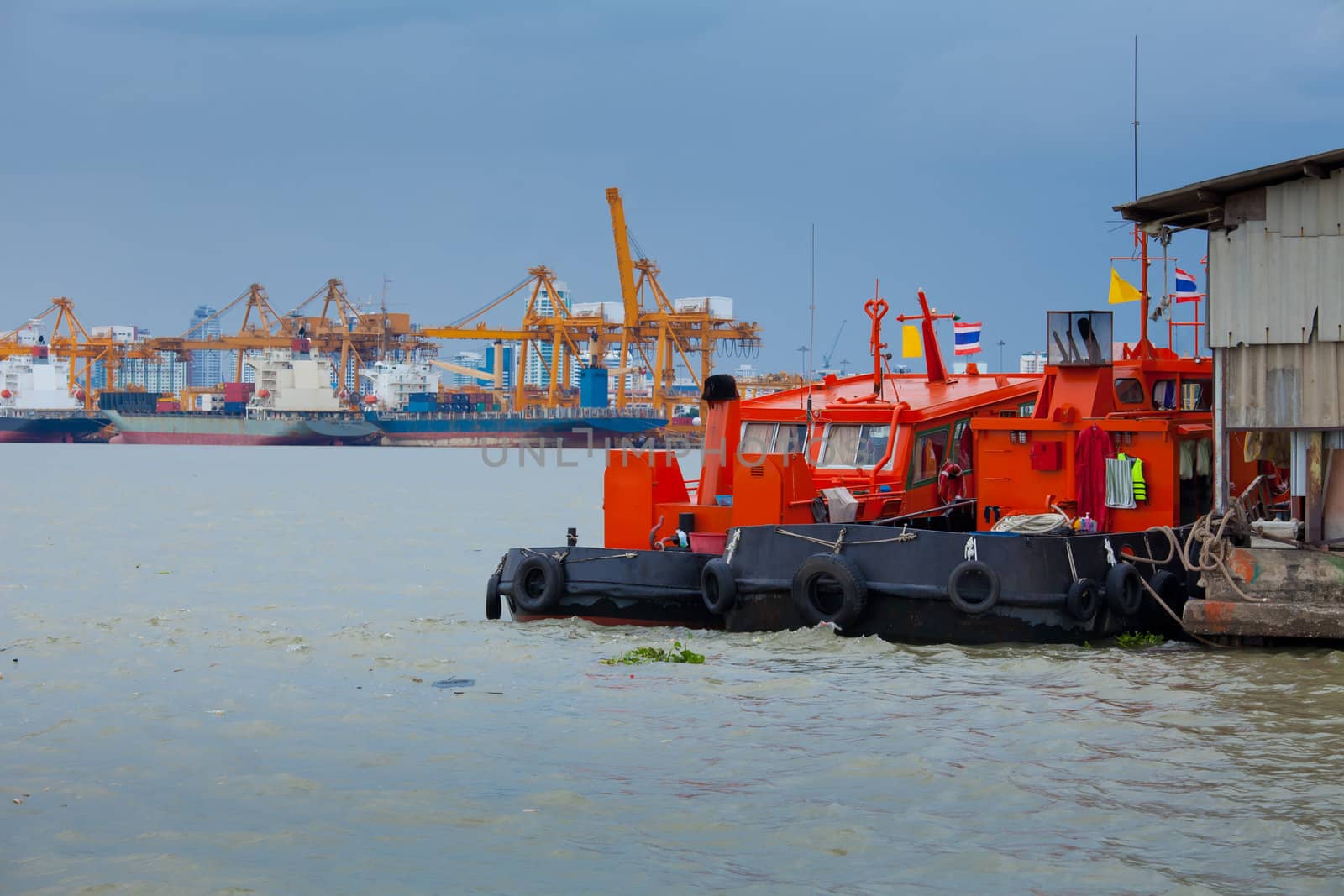 Industrial shipping port on sunset in Bangkok, Thailand