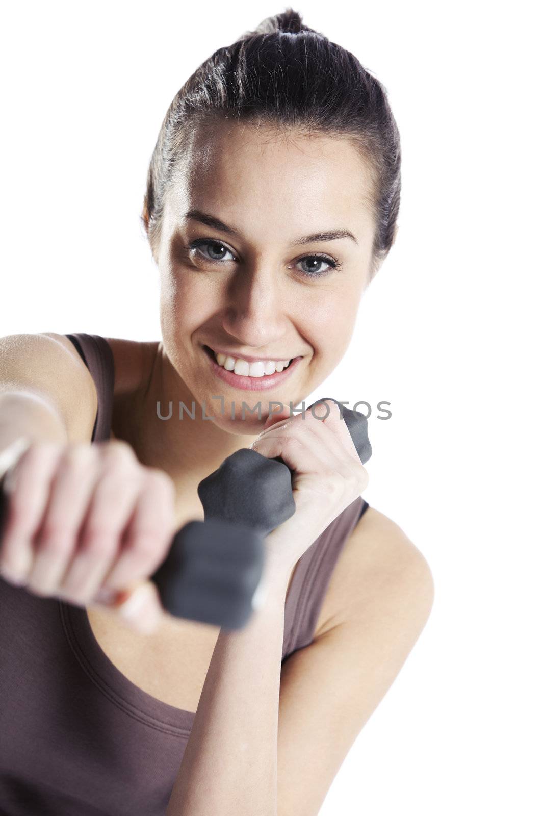 Woman  fitness with dumbbells isolated on white  by stokkete