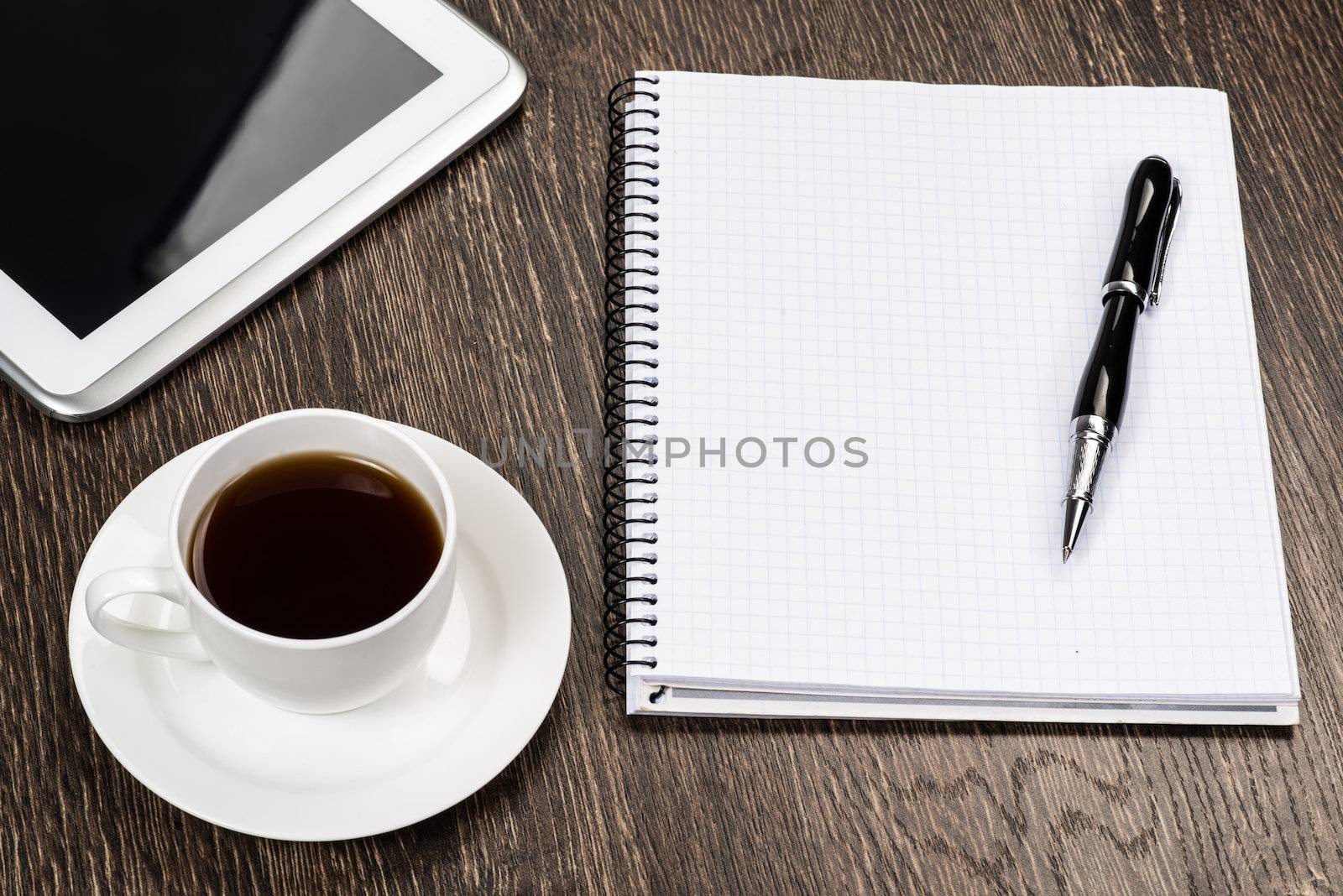 notepad, pen, coffee and tablet, workplace businessman