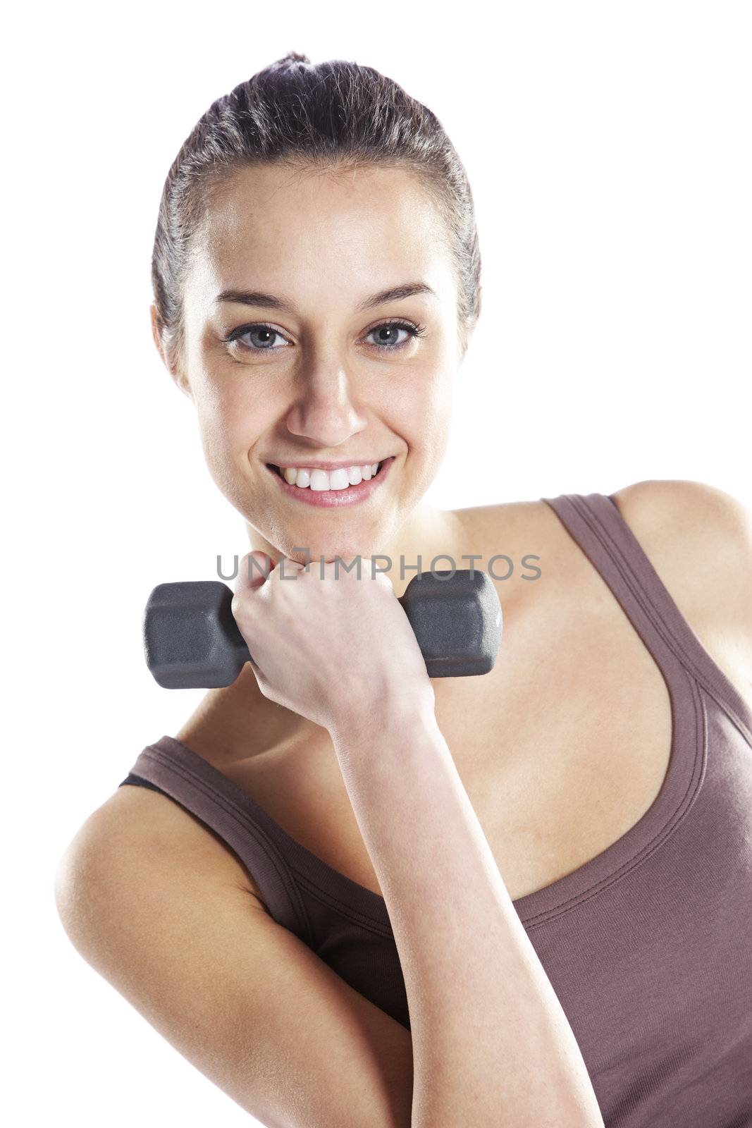 Woman  fitness with dumbbells isolated on white  by stokkete