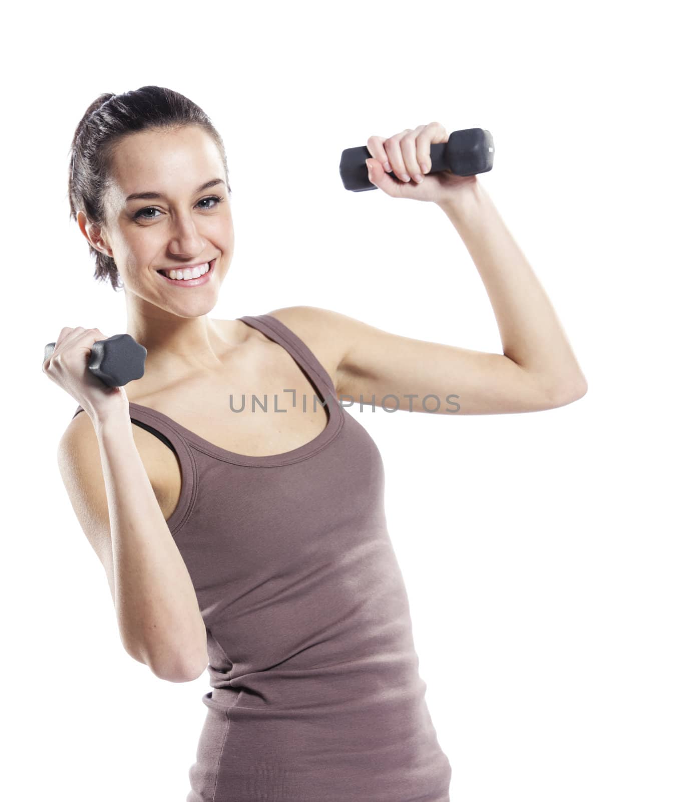 Woman  fitness with dumbbells isolated on white 