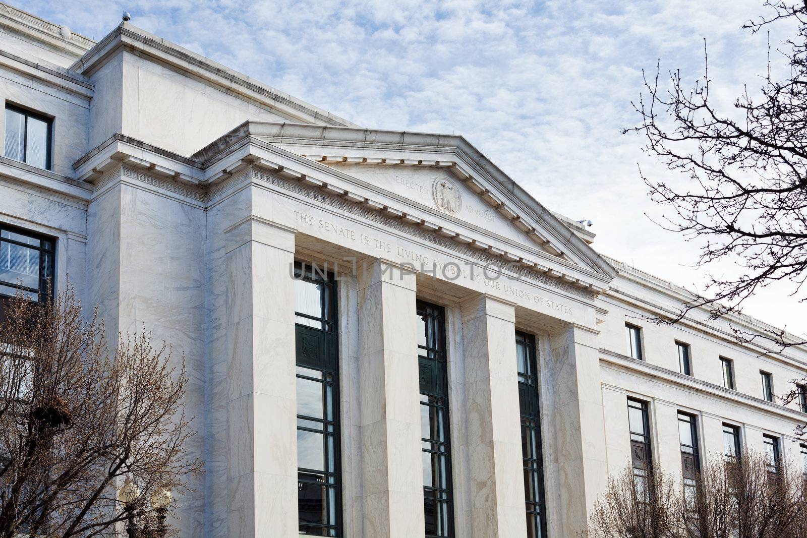 Carving of inscription on front of Dirksen Senate office building Washington DC