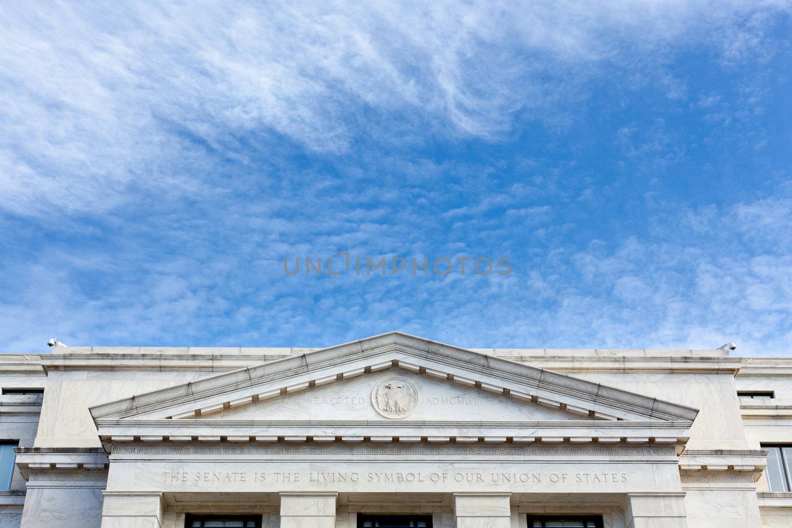 Carving of inscription on front of Dirksen Senate office building Washington DC