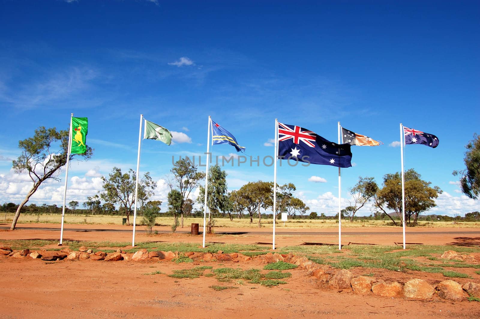 Australian and aboriginal flags in outback, Northern Territory, Australia