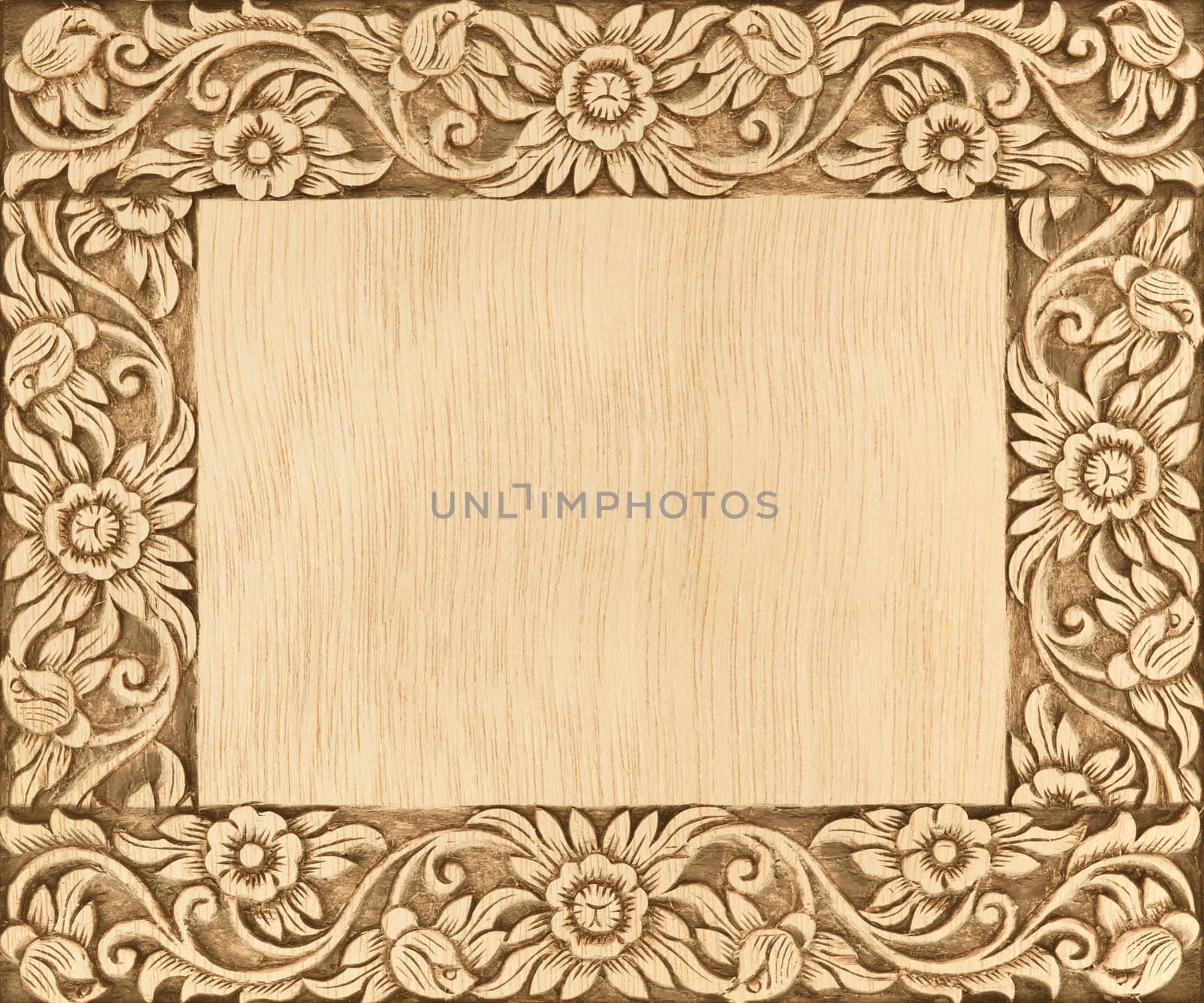Pattern of flower carved frame on wood background