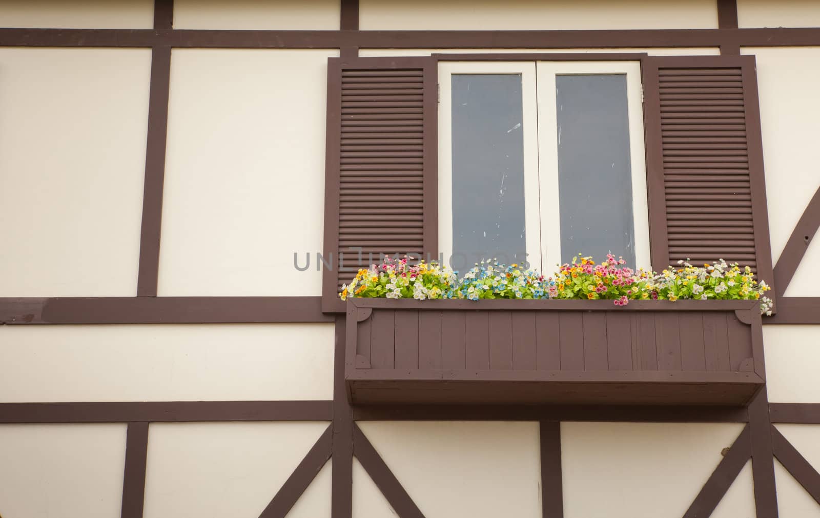 close-up wood old window and flower in brown wall