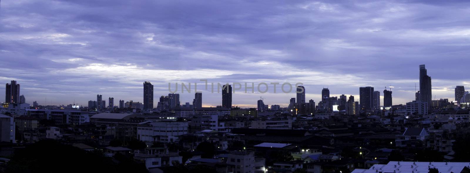 Panorama of Bangkok city downtown at night by siraanamwong